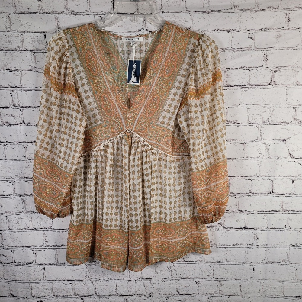 NWT Rose + Olive Floral Babydoll Flowy Top Sz Small Boho/Cottagecore/Peasant